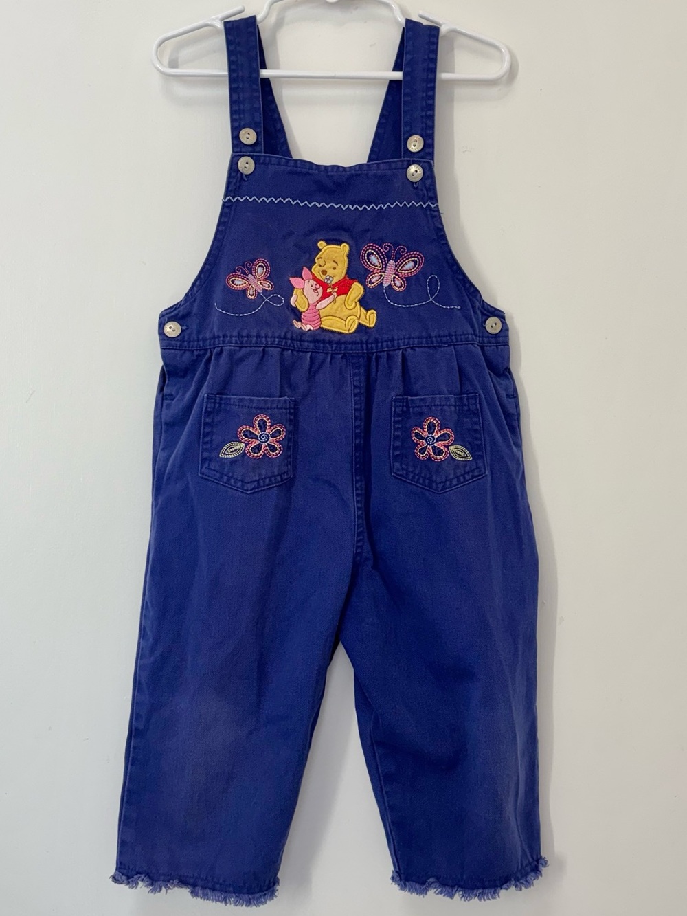 Vintage Winnie The Pooh Embroidered Butterfly Blue Cropped Overalls Girl 4T